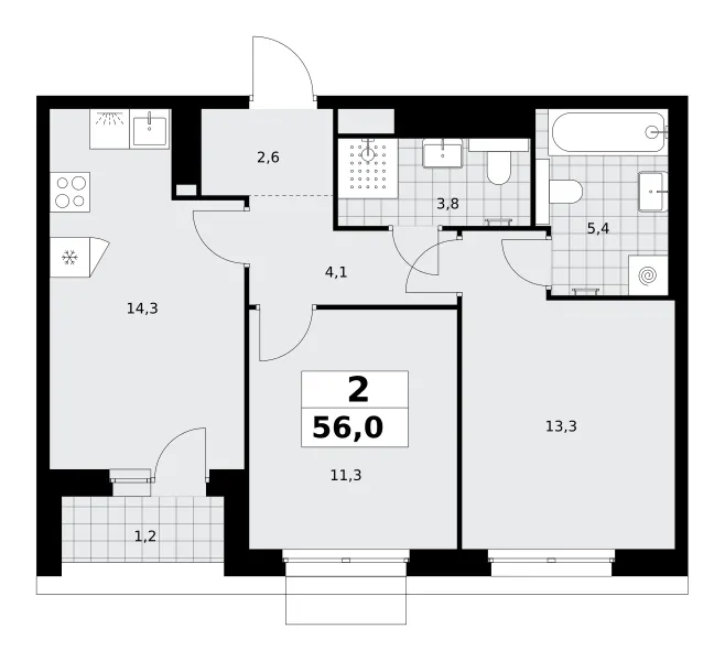 2-комн. 56 м²