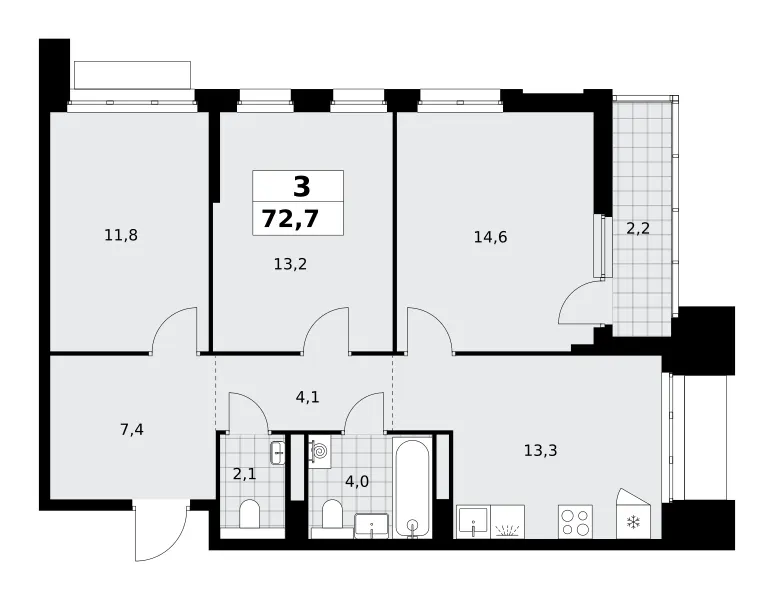 3-комн. 72.7 м²