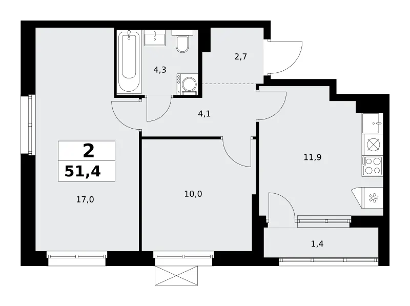 2-комн. 51.4 м²