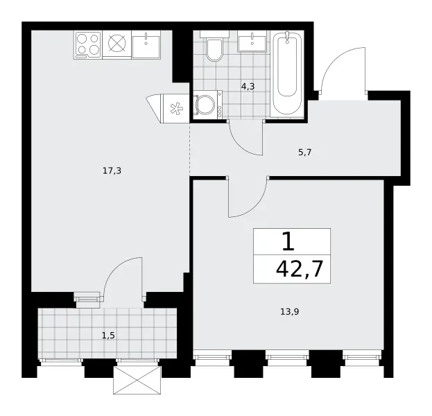 1-комн. 42.7 м²