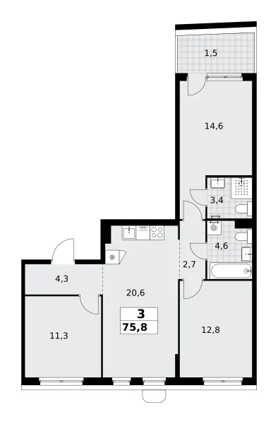 3-комн. 75.8 м²