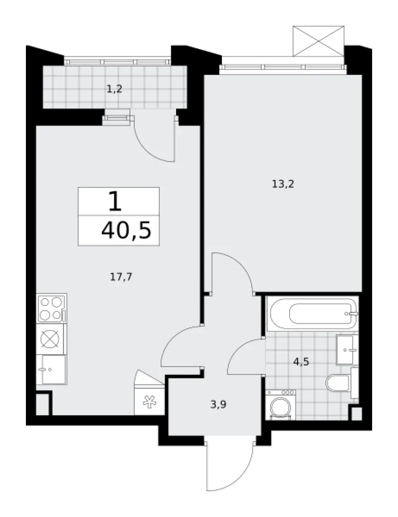 1-комн. 40.5 м²