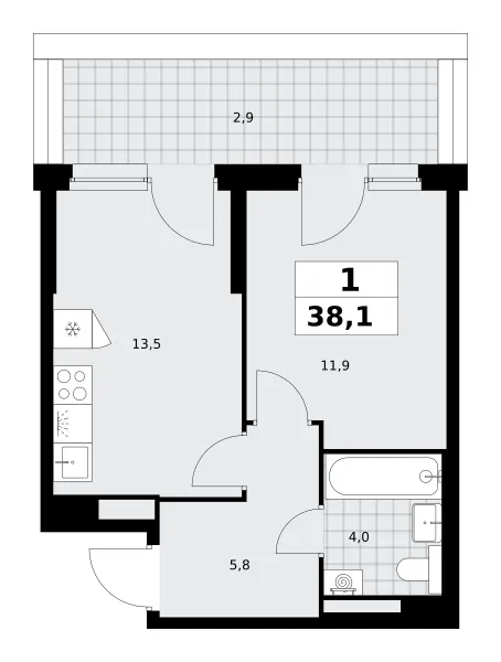1-комн. 38.1 м²