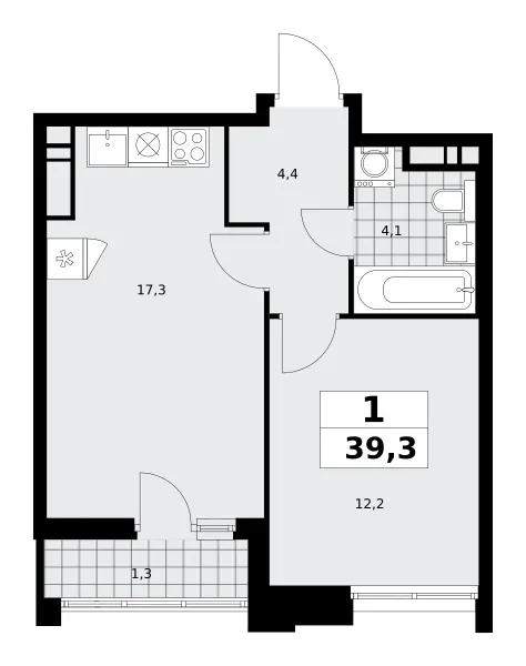 1-комн. 39.3 м²