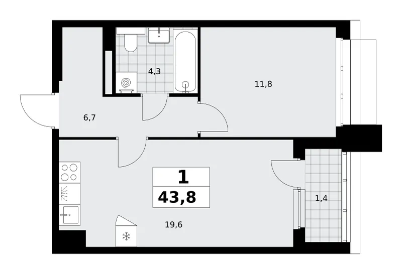 1-комн. 43.8 м²