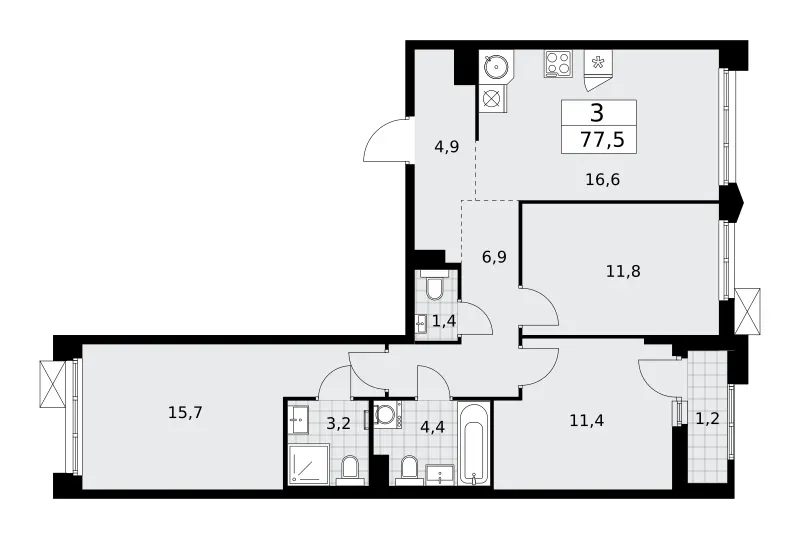 3-комн. 77.5 м²