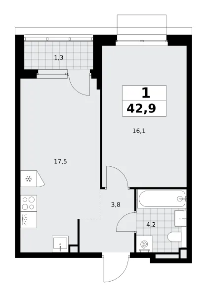 1-комн. 42.9 м²