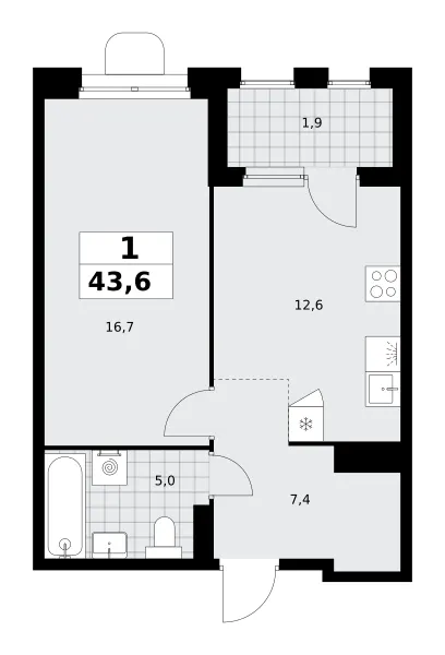 1-комн. 43.6 м²