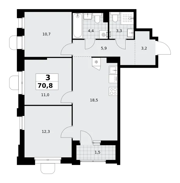 3-комн. 70.8 м²