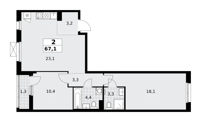 2-комн. 67.1 м²