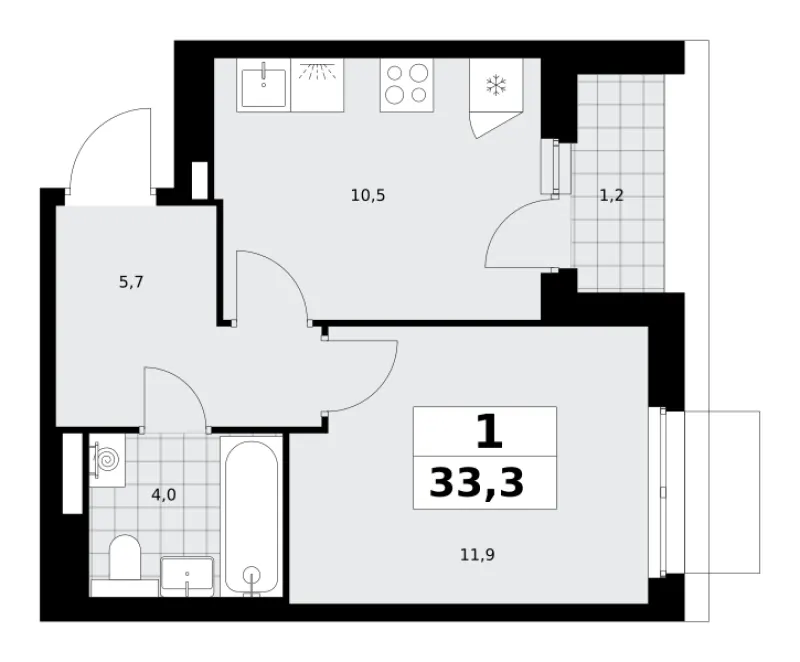 1-комн. 33.3 м²