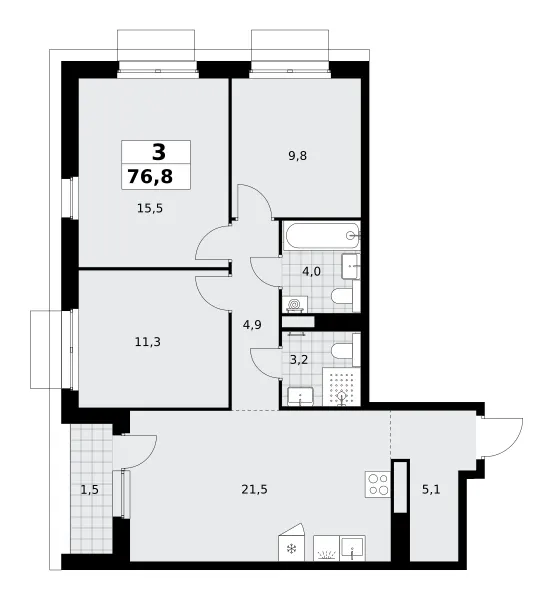 3-комн. 76.8 м²