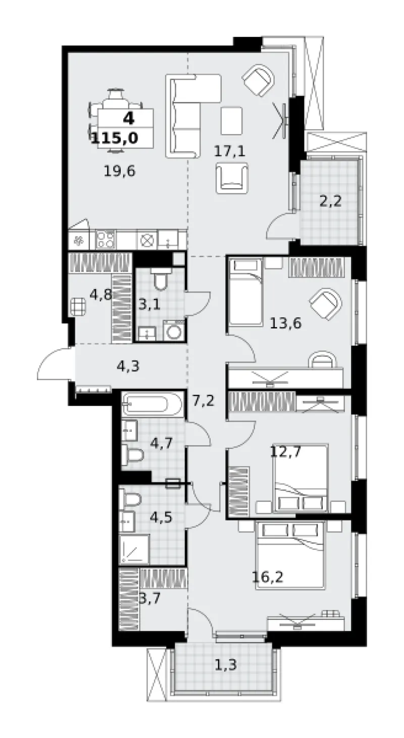 4-комн. 115 м²