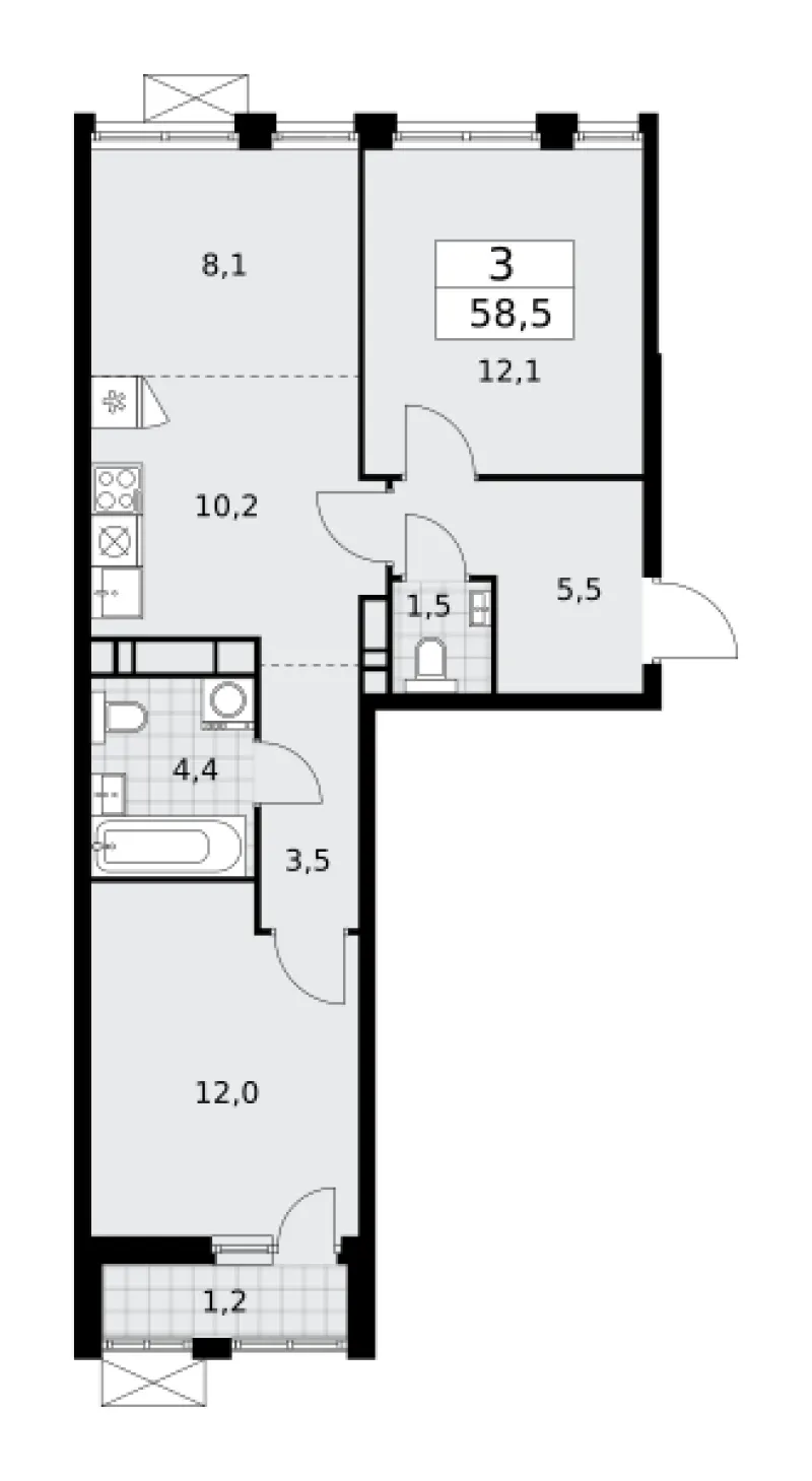 3-комн. 58.5 м²