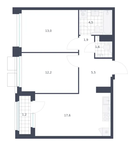 2-комн. 57.5 м²