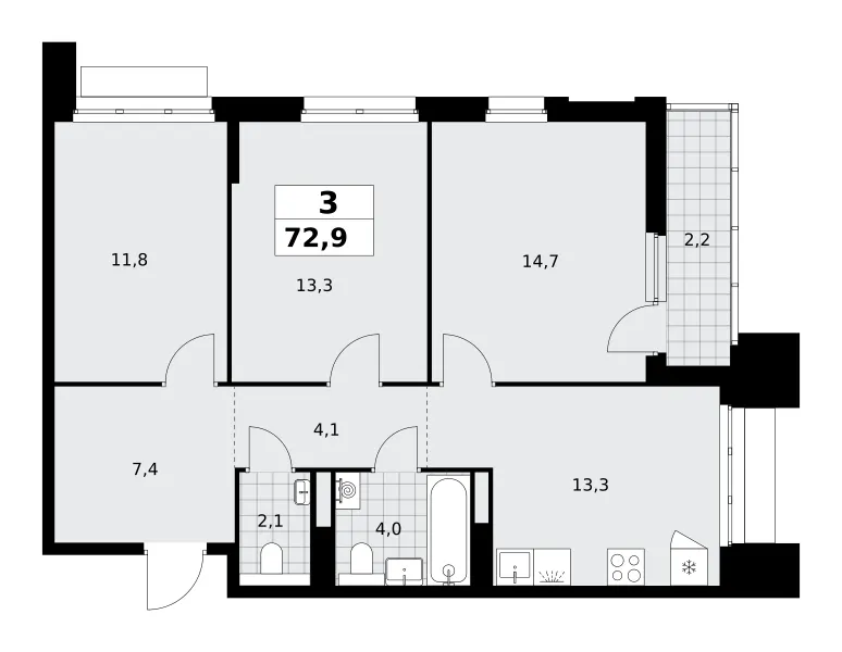 3-комн. 72.9 м²