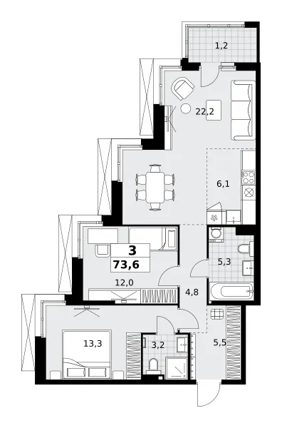 3-комн. 73.6 м²