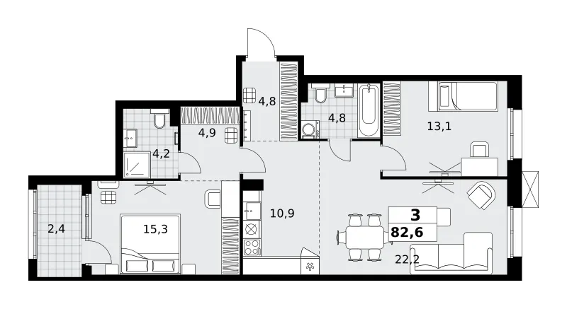3-комн. 82.6 м²