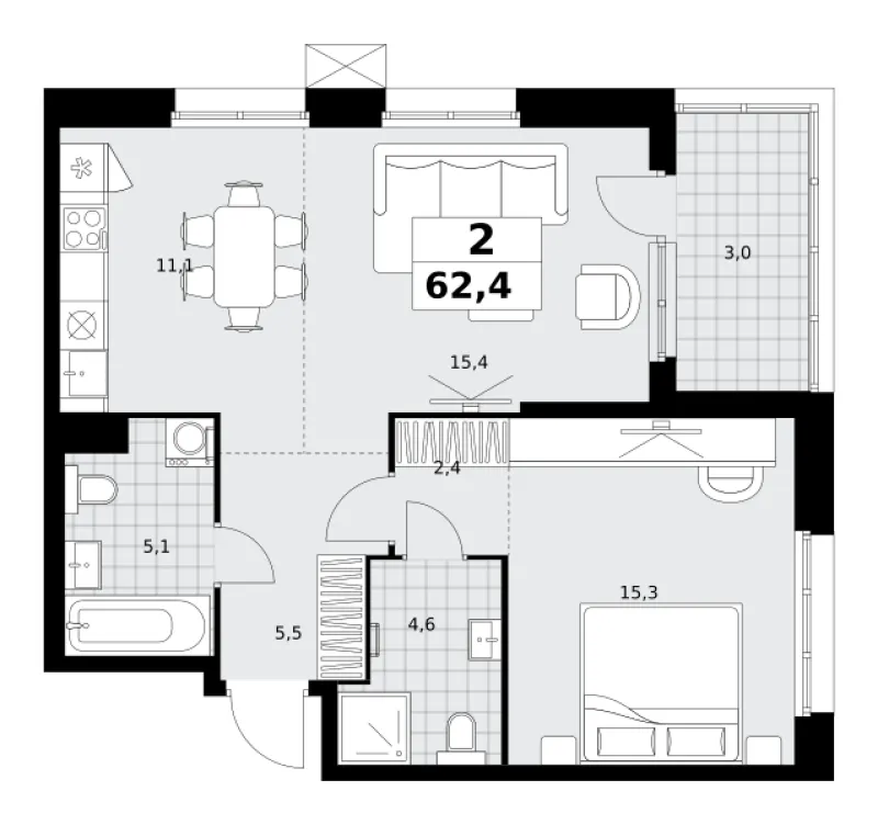 2-комн. 62.4 м²