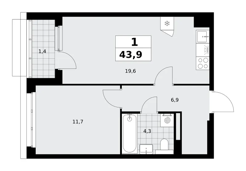 1-комн. 43.9 м²