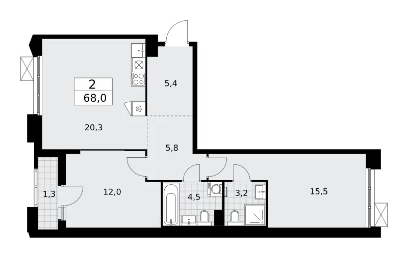2-комн. 68 м²