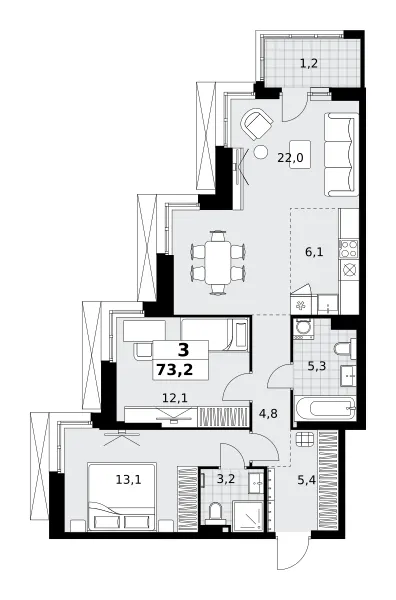 3-комн. 73.2 м²