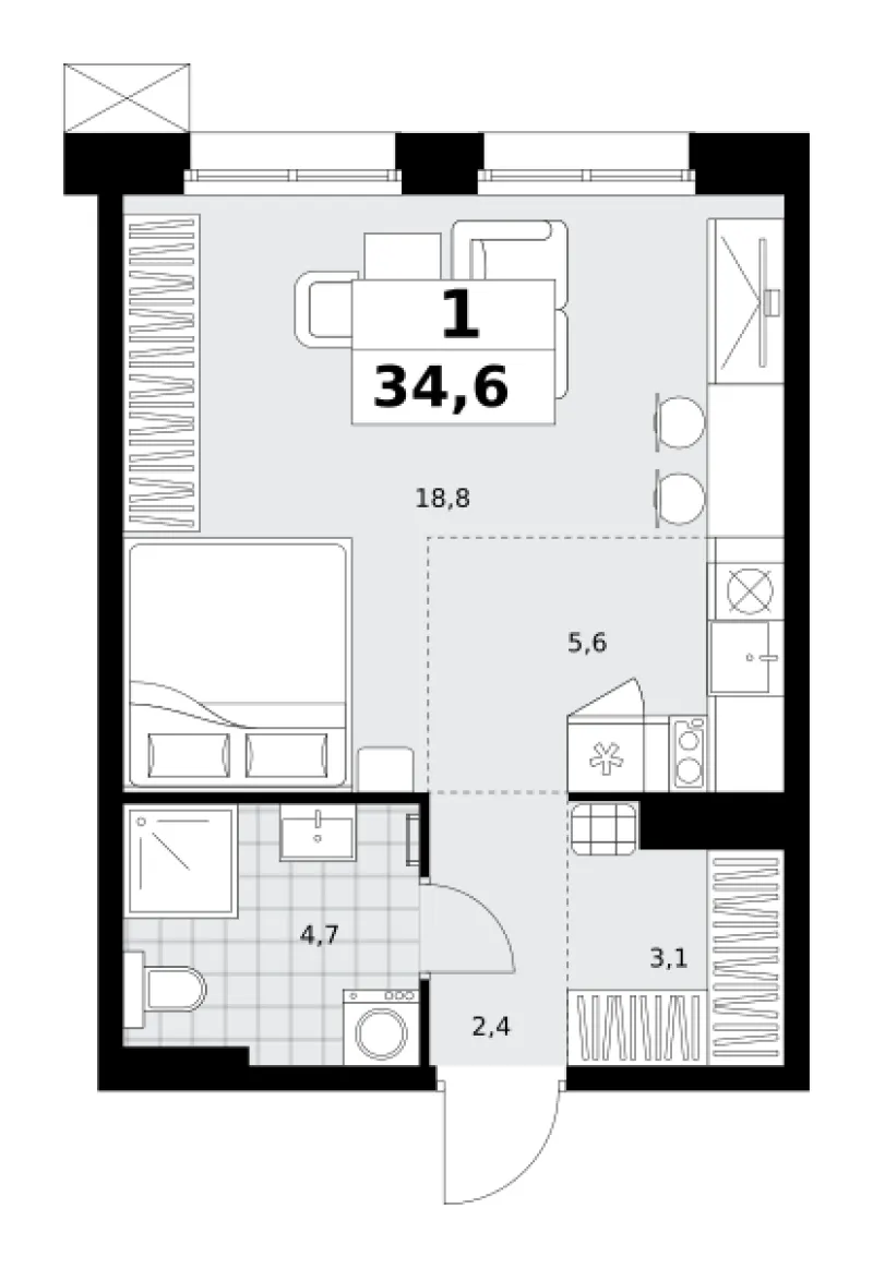 Студия 34.6 м²