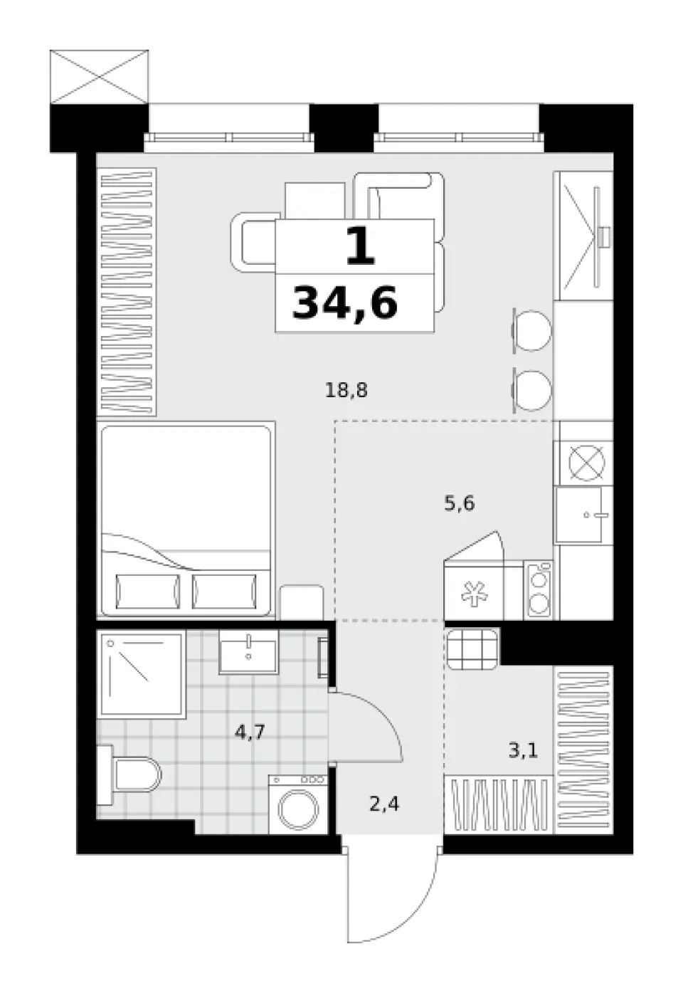 Студия 34,6 м²