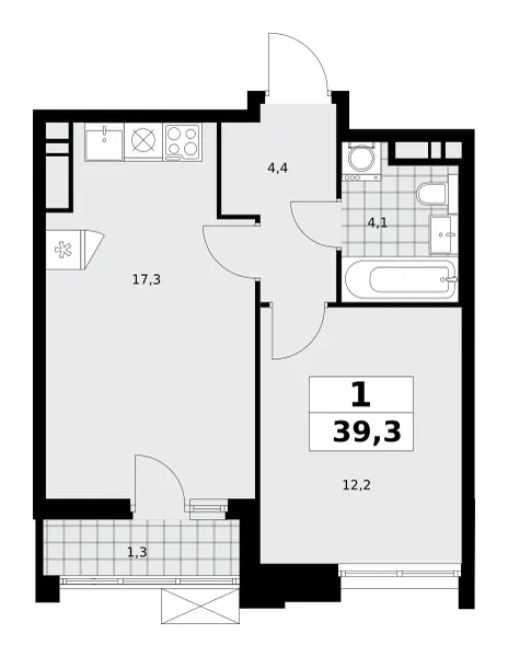 1-комн. 39.3 м²
