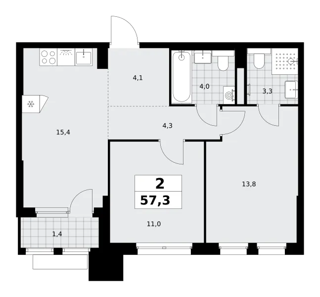 2-комн. 57.3 м²