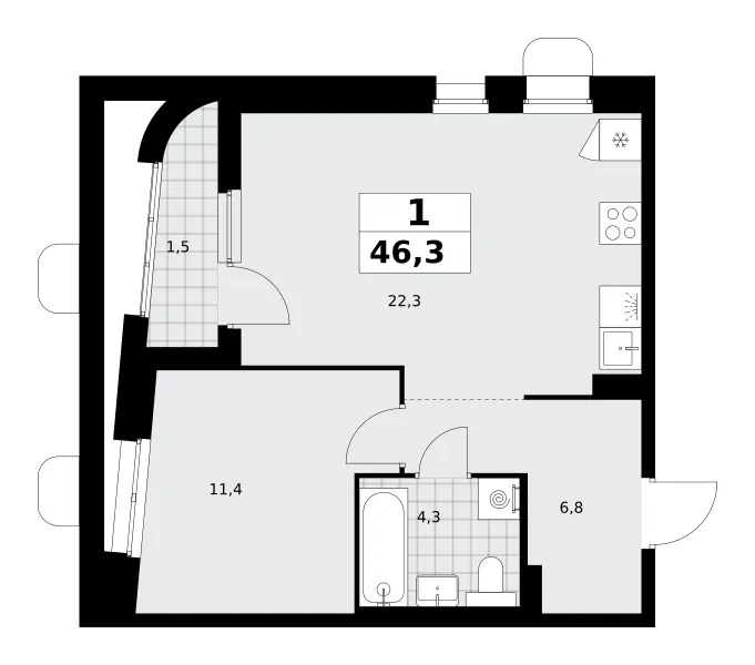 1-комн. 46.3 м²