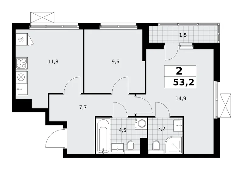 2-комн. 53.3 м²