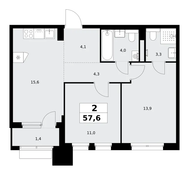 2-комн. 57.6 м²