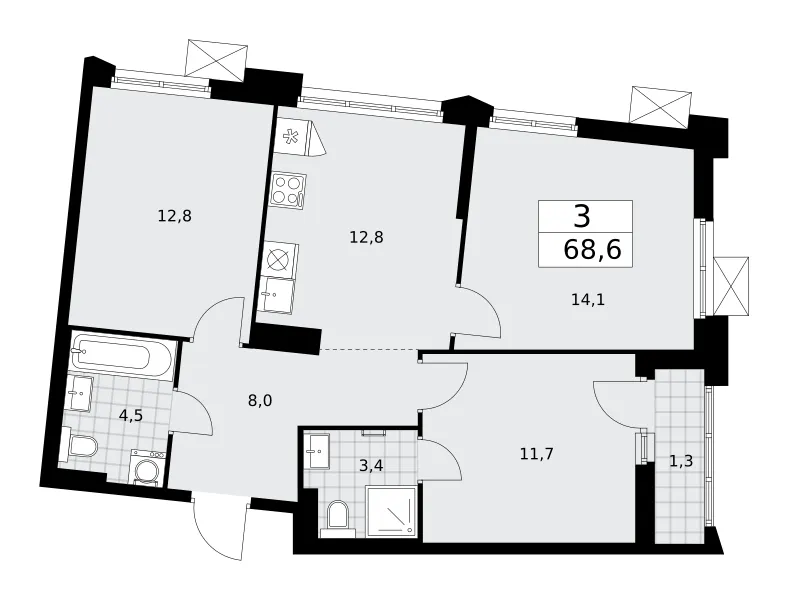 3-комн. 68.6 м²