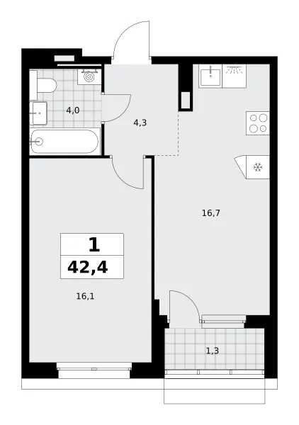 1-комн. 42.4 м²