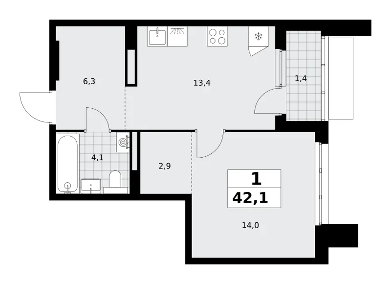 1-комн. 42.1 м²
