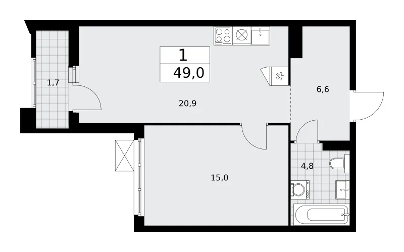 1-комн. 49 м²