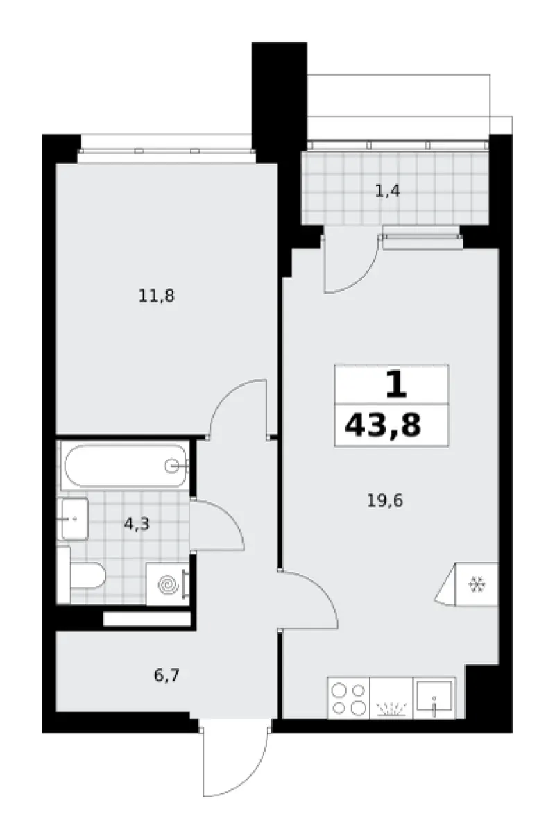 1-комн. 43.8 м²
