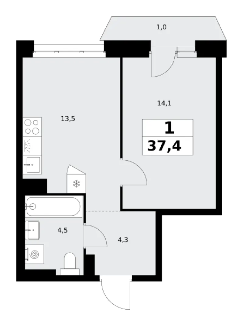 1-комн. 37.4 м²