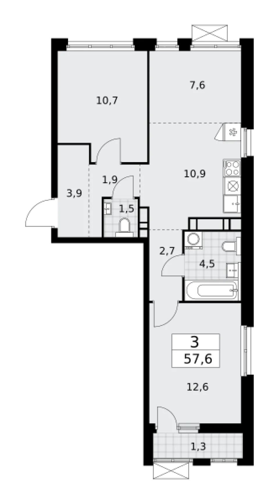 3-комн. 57,6 м²