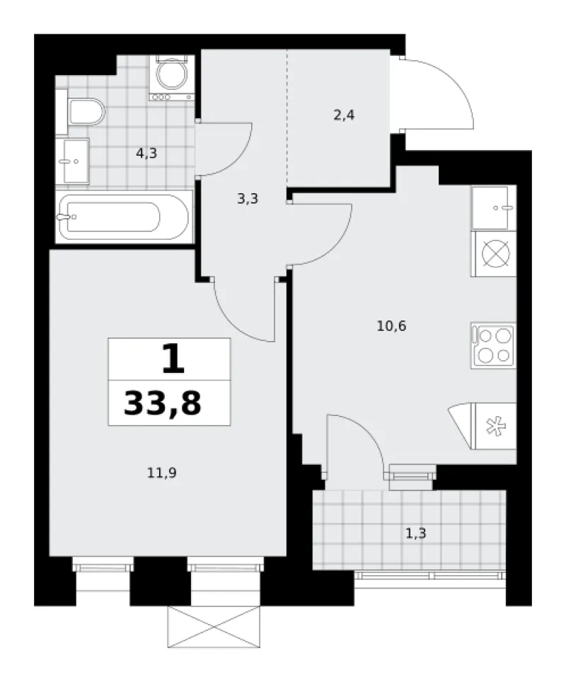 1-комн. 33.8 м²