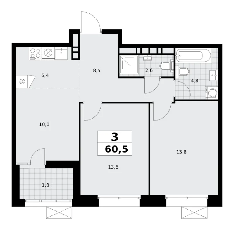 3-комн. 60.3 м²