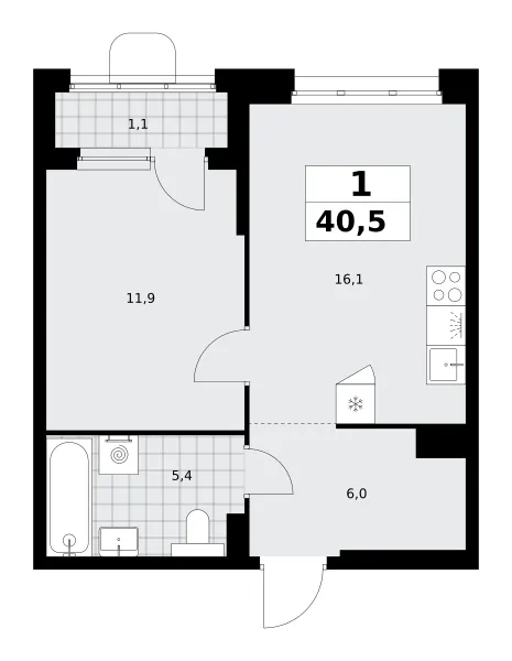 1-комн. 40.5 м²