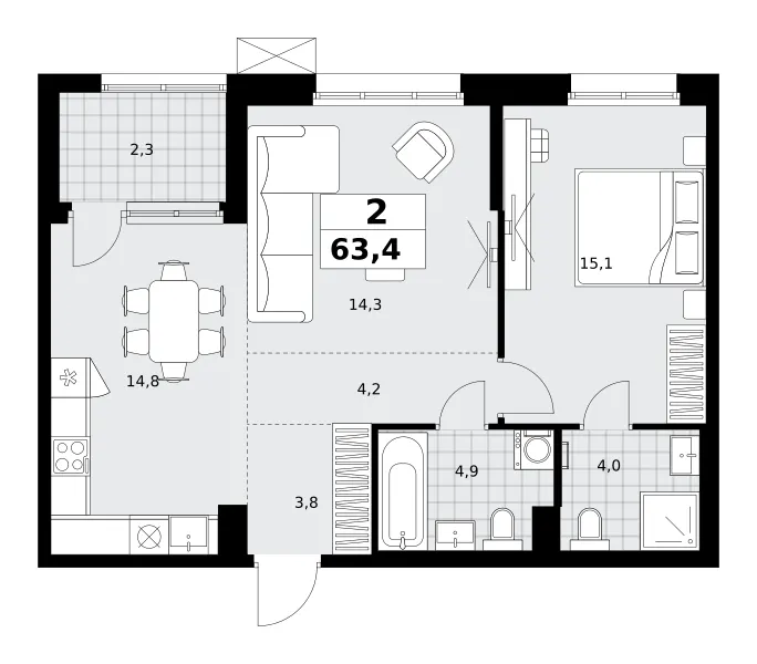 2-комн. 63.4 м²