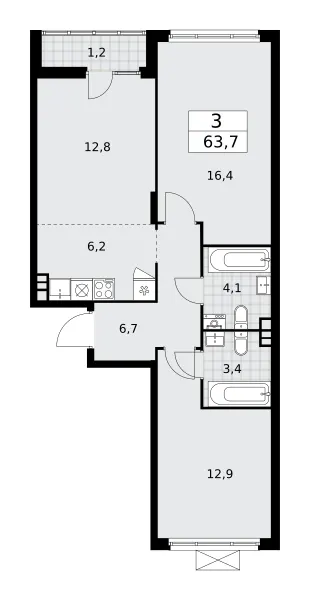 3-комн. 63.7 м²