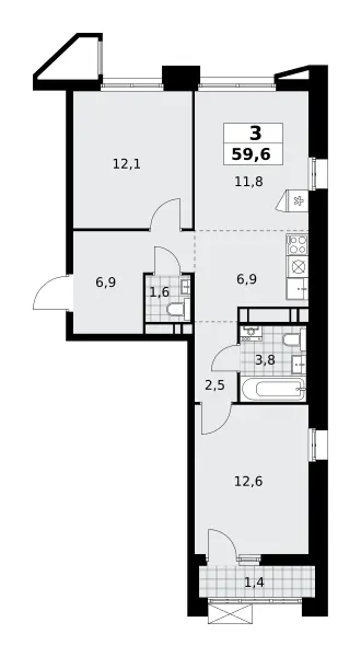3-комн. 59.6 м²