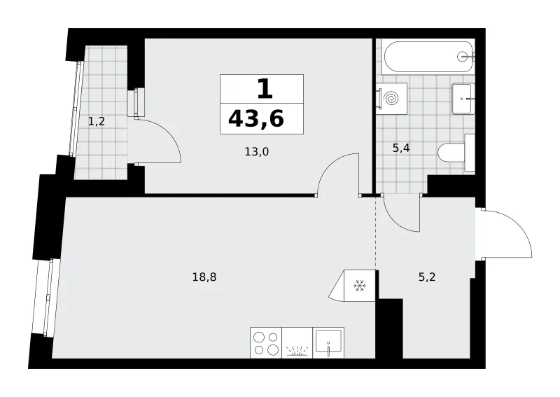 1-комн. 43.6 м²