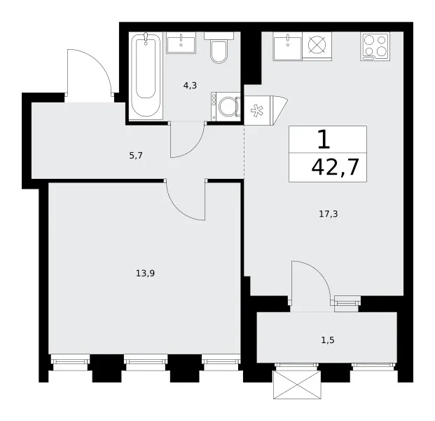 1-комн. 42.7 м²