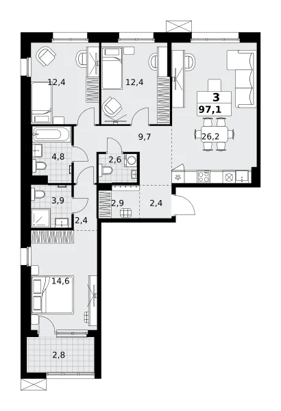 3-комн. 97.1 м²