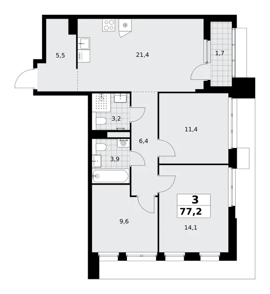 3-комн. 77.2 м²